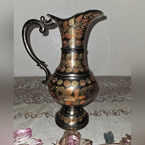 RARE Vintage Brass Pitcher Engraved Pottery Handle 13.5” Floral Vase 50s 60s - Picture 1 of 11